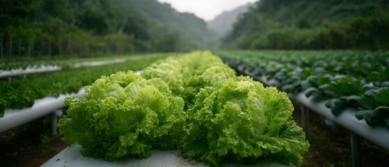 A row of green lettuce plants are growing in a greenhouse