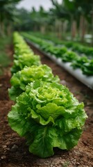 A row of green lettuce plants are growing in a field