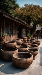 A row of old clay pots are lined up outside a building