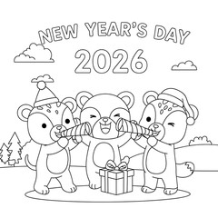 Adorable Cartoon Animals Celebrating New Year's Day 2026:  Line Art Coloring Page Design.