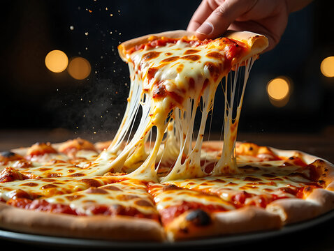 Delicious Pizza with Pulling Cheese Slice on Dark Background Italian Food Concept