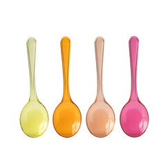 Four colorful plastic spoons isolated on transparent background