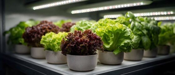 A row of potted plants with lettuce and red lettuce
