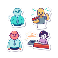 A set of stickers about office work. Angry boss, deadline, introvert programmer and stapler. Cartoon vector hand drawn style.