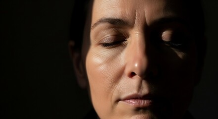 Serene Woman in Shadow: Close-Up Portrait with Closed Eyes and Dramatic Lighting