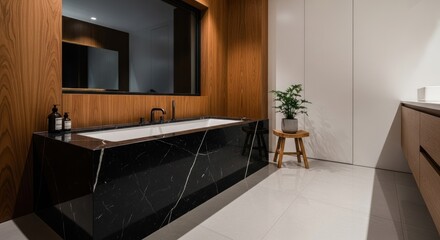 Modern bathroom with dark stone bathtub