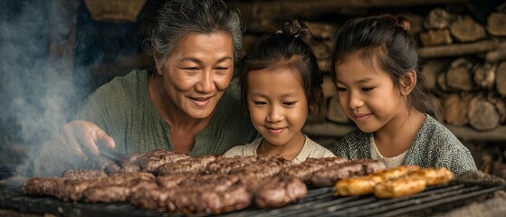 A woman is cooking meat on a grill with two children watching