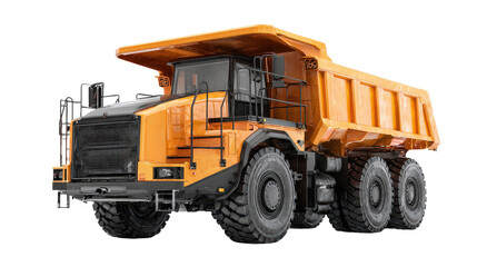 Heavy dump truck shown at 3/4 angle to highlight structure isolated on a Transparent background, PNG file.
