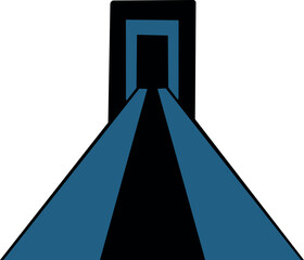 Minimalist illustration of an open blue door casting two wide beams of light. A symbolic, abstract design for opportunity, transition, or discovery themes.