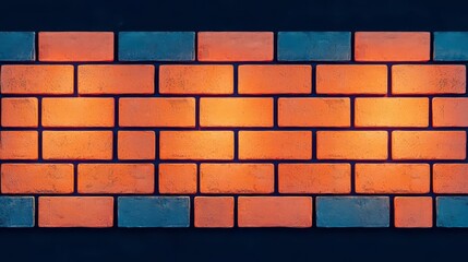 A vibrant brick wall featuring orange and blue bricks illuminated with warm lighting, perfect for a modern aesthetic.