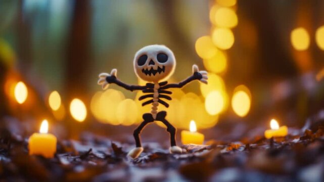 Funny skeleton puppet dancing in a spooky forest at night. Cute Halloween character with bones celebrating among flickering candles. Festive and playful toy for a Halloween holiday party.