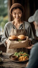 A woman is holding a paper bag with two hamburgers in it