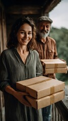 A woman is holding a stack of boxes and smiling