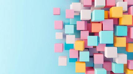 Colorful 3D cubes scattered against a blue background, perfect for abstract designs and creative projects.