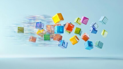 A dynamic display of colorful cubes in motion, illustrating creativity and innovation in design.