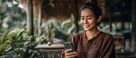 A woman is sitting at a table with a cell phone in her hand
