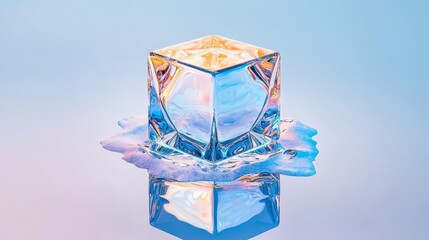 A stunning ice cube resting on a pastel background, reflecting colors and patterns, perfect for drink-related themes.