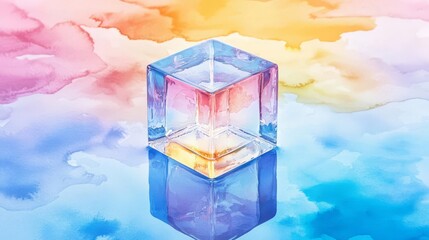 A vibrant watercolor illustration featuring a reflective ice cube on a colorful gradient background.