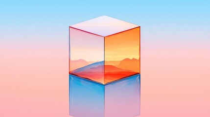 A stunning translucent cube reflecting vibrant colors and landscapes, perfect for modern design projects.