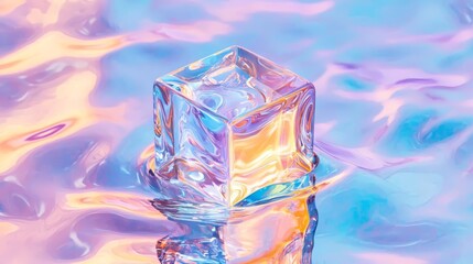 A clear ice cube floats in colorful water, reflecting vibrant hues and creating a stunning visual effect.