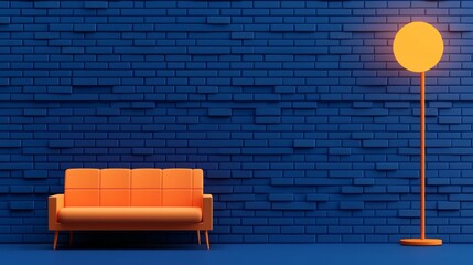 A vibrant interior featuring an orange sofa and a stylish lamp against a blue brick wall, perfect for modern decor.