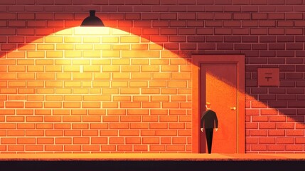A lone figure stands under a bright streetlight by a door, creating a sense of mystery and anticipation.