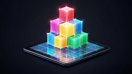 Colorful transparent blocks stacked on a digital tablet, representing creativity and innovation in technology.