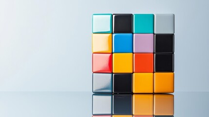 Colorful puzzle cubes arranged on a reflective surface, symbolizing creativity and problem-solving.