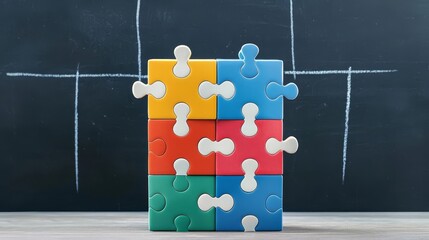 Colorful puzzle pieces assembled together, symbolizing teamwork and problem-solving in a creative workspace.