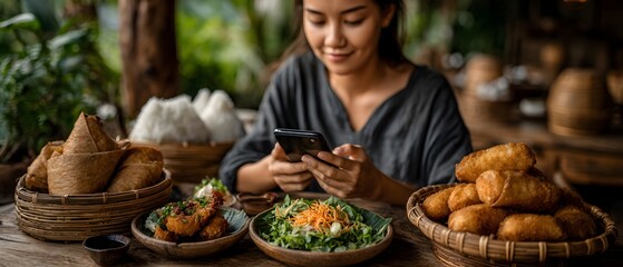 A woman is sitting at a table with a cell phone in her hand