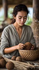 A woman is sitting in front of a basket of balls