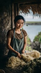 A woman is sitting in front of a wall and working with a bunch of plants