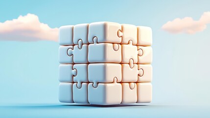 A 3D rendered puzzle cube against a blue sky, symbolizing problem-solving and creativity.