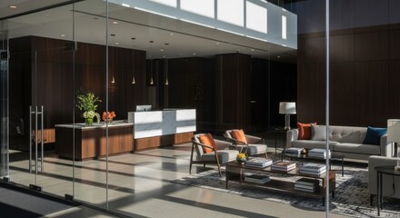 Modern office lobby with glass walls, light-brown wood paneling, and a light-colored reception desk