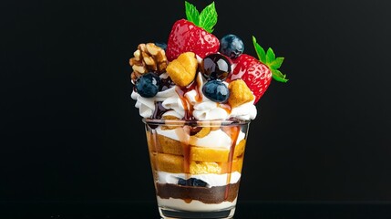 A delicious dessert cup filled with layers of fresh fruits, creamy yogurt, nuts, and drizzled chocolate sauce.
