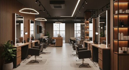Modern salon interior, spacious and stylish.  Wooden cabinetry, dark accents, and sleek design.  Multiple stylist stations.  City view