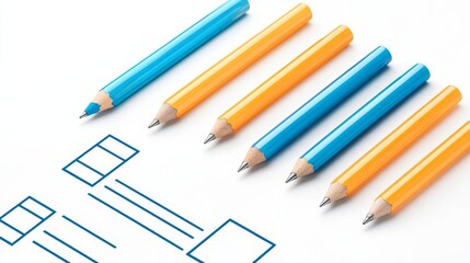 Colorful pencils arranged neatly with diagram sketches on paper, ideal for creative brainstorming sessions.