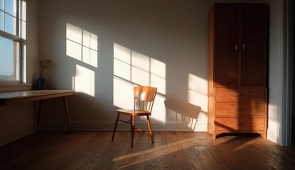 A cozy and minimalist office corner featuring a single chair along with natural wooden elements creating a serene working environment designed for productivity and comfort