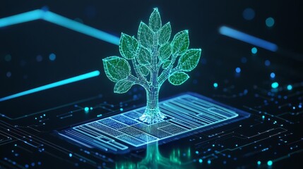 A futuristic digital tree representing the fusion of technology and nature, symbolizing growth and innovation.