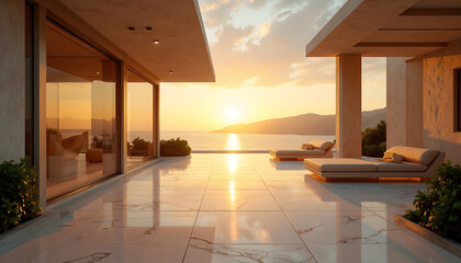 Luxury villa with a stunning ocean view at sunset showcasing modern architectural design