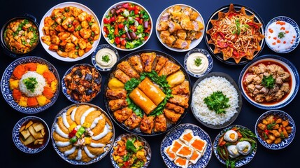 A vibrant assortment of delicious dishes beautifully arranged for an enticing culinary experience.