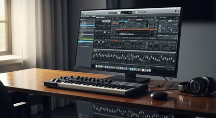 Music production software displayed on a large monitor, alongside a MIDI keyboard and headphones