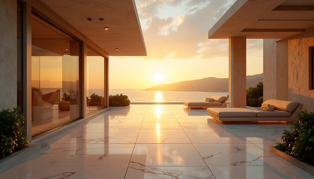 Luxury villa with a stunning ocean view at sunset showcasing modern architectural design