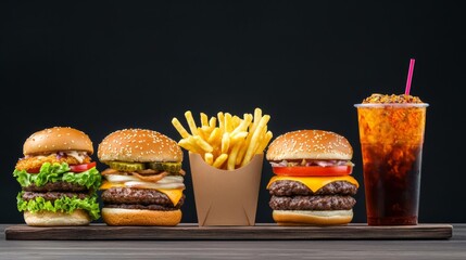 Delicious assortment of burgers, fries, and a refreshing drink served on a wooden platter against a dark background.