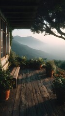 A wooden bench is on a porch with a view of mountains