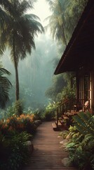 A wooden walkway leads to a house in a jungle