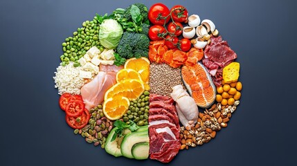 A colorful assortment of fruits, vegetables, and meats arranged aesthetically for a healthy lifestyle.
