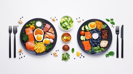 Two beautifully arranged plates showcasing a variety of fresh, healthy ingredients for a balanced meal.