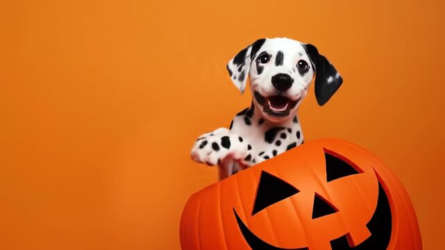 Happy dalmatian puppy inside a carved pumpkin for halloween. Cute spotted dog with paws on a jack o' lantern against an orange background. Funny animal concept for Halloween holiday celebration.