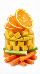 Fresh fruit stack with orange slices, mango cubes, and carrots  